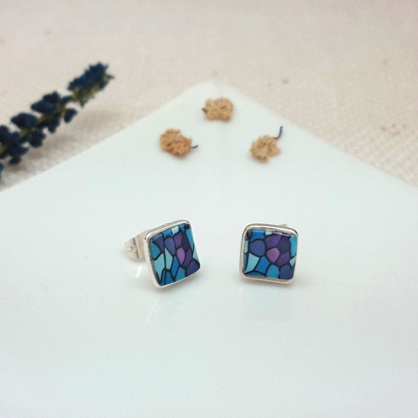 Handmade blue, green, white, turquoise polymer clay stud square earrings, Inspired by Gaudi and Catalan modern style, nickel free