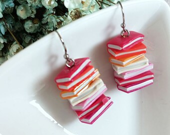 Hooked mini books earrings with the lesbian flag, handmade in stainless steel, LGBTI Support jewelry, subtle earrings for gay community.