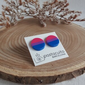 May include: A pair of round, bi-colored earrings with pink, purple, and blue stripes. The earrings are on a white card with the text "pastacuita BARCELONA".