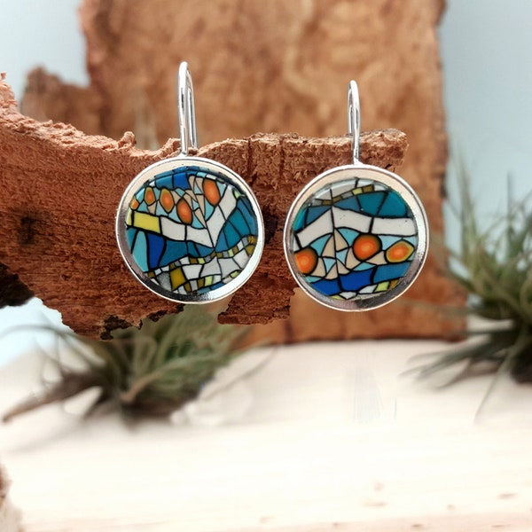 Handmade blue hook earrings made of polymer clay, reproduction of the dome of the Catalan music palace, an elegant souvenir from barcelona