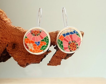 pink flower hook earrings inspired on catalan music palace, made of polymer clay