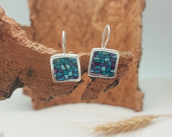 Handmade square hooked earrings, made of polymer clay, modern jewelry in white, grey, blue