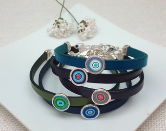 Handmade leather bracelet, polymer clay, adaptable bracelet for her, ethnic circle desing in Barcelona, enjoy this bracelet for any moment