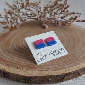 May include: A pair of square-shaped earrings with a pink, blue, and purple color scheme. The earrings are on a white card with the text "pastacuita BARCELONA".