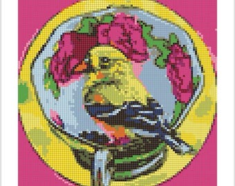 Bird in Teacup pdf Cross Stitch Pattern download You need 16 DMC Colors for this, 7x7 inches.