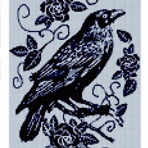 May include: A pixelated image of a black raven perched on a branch, surrounded by dark blue roses and foliage against a light blue grid background. The raven is detailed with varying shades of black and gray.