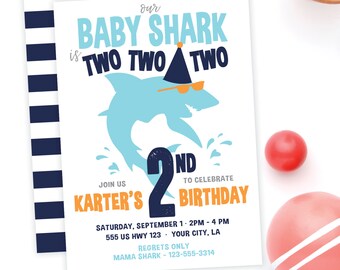 Baby Shark Birthday Invitation · Shark Party · Modern Shark Invitation · Printed Cards or Digital · 2nd Birthday · Birthday Invitation