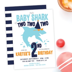 Baby Shark verjaardag uitnodiging · Haai partij · Moderne Shark uitnodiging · Gedrukte kaarten of digitale · 2de verjaardag · Verjaardagsuitnodiging