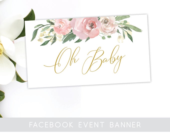 Oh Baby Shower Facebook Event Banner INSTANT DOWNLOAD Pink and Gold