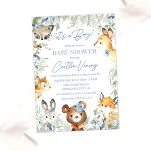 De blauwe Uitnodiging van de Douche van de Baby van het Bos · De Douche van de Jongen van de baby nodigt uit · Gedrukte Kaarten of Digitaal · Blauwe Bloemen Douche van de Baby · Bosdieren