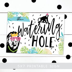 Party Animal Watering Hole Birthday Sign · Jungle Animal Party · Birthday Party Decor · Black and White Zoo Theme · Instant Download · 5x7