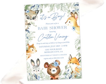 Blue Woodland Baby Shower Invitation · Baby Boy Shower Invite · Printed Cards or Digital · Blue Floral Baby Shower · Forest Animals