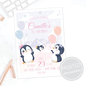 Invitation d'anniversaire bébé pingouin · 1er anniversaire · Fille · Hiver · Rose et violet · Winter Wonderland · Onederland · IMPRIMÉ INVITES