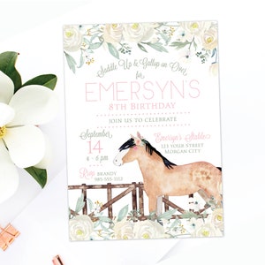 Convite de aniversário de cavalo floral branco aquarela · Aniversário de pônei rosa · Cartões impressos ou digitais · Convite de aniversário de menina