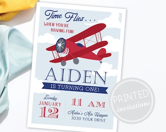 Vintage Airplane Birthday Invitation · Time Flies Party · Up, Up, and Away · Flying Birthday · PRINTED INVITES · Boy Birthday Invite