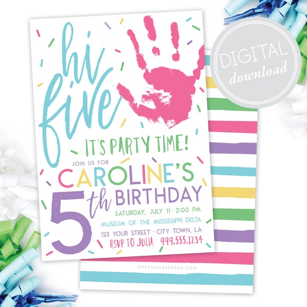 Convite de 5º Aniversário Hi Five · Festa Moderna · High Five · Mão · Convite de Aniversário Colorido · DIGITAL · Cores Pastel · Arco-Íris