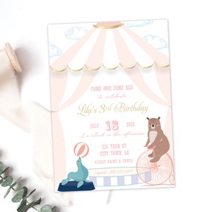 Vintage Circus Verjaardag Uitnodiging · Het Circus van het meisje · Gedrukte Kaarten of Digitaal · Roze De Partij van het circus · De Verjaardag van het meisje · Pastel Circus