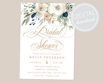 Navy, Copper, and Cream Floral Bridal Shower Invitations · DIGITAL · Navy · Copper · Fall Wedding Shower