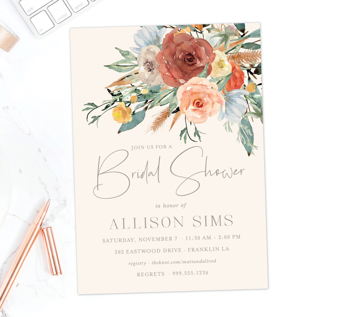 Boho Bridal Shower Invitation · Fall Bridal Shower Invite · Printed ...