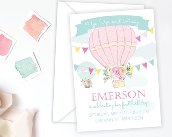 Up Up and Away Invite · Hot Air Balloon Party · First Birthday Invitation · Printed Cards or Digital · Girl Birthday · Birthday Invitation