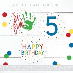 Hi Five Birthday Party Cupcake Toppers · Party Printables · 5th Birthday · High Five · Birthday Decor · Colorful · Instant Download