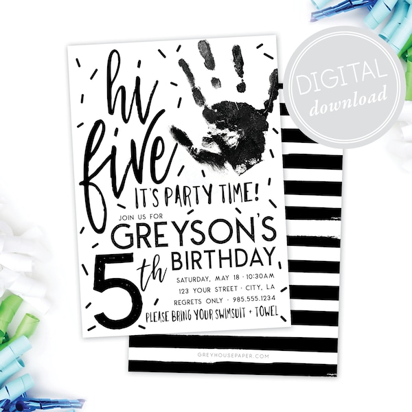 Hi Five 5th Birthday Invitation · Modern Boy Party · High Five · Hand · Monochrome Birthday Invite · DIGITAL · Modern Invite