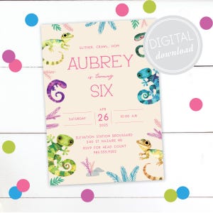 May include: A digital download invitation for a 6th birthday party. The invitation features a light beige background with colorful illustrations of geckos and plants. The text reads "SLITHER, CRAWL, HOPI AUBREY is turning SIX APR 26 2025 10:00 AM SATURDAY ELEVATION STATION BROUSSARD 240 ST NAZAIRE RD RSVP FOR HEAD COUNT 985.555.9282"