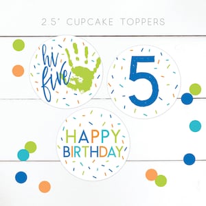 Hi Five Geburtstagsparty Cupcake Toppers · Party Printables · 5. Geburtstag · High Five · Geburtstagsdekor · Blau, Grün, Orange · Sofort Download