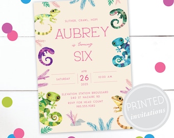 Girl Lizard Birthday Invitation · Gecko Birthday Invite · Reptile Party · Pastel · Printed Invitation