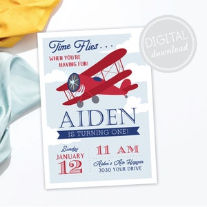 Vintage Airplane Birthday Invitation · Time Flies Party · Up, Up, and Away · Flying Birthday · DIGITAL FILES · Boy Birthday Invite