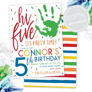 Hi Five 5th Birthday Invitation · Modern Party · High Five · Hand · Colorful Birthday Invite · DIGITAL · Primary Colors · Rainbow