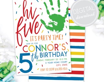 Hi Five 5th Birthday Invitation · Modern Party · High Five · Hand · Colorful Birthday Invite · DIGITAL · Primary Colors · Rainbow