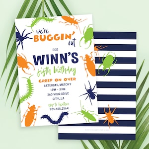 May include: A bug-themed birthday party invitation with a white background and colorful bug illustrations. The text reads "We're Buggin' Out for Winn's Fifth Birthday. Creep on Over Saturday, March 9, 1 PM - 3 PM, 260 Your Drive, City, LA. RSVP to Heather 985.555.2564."