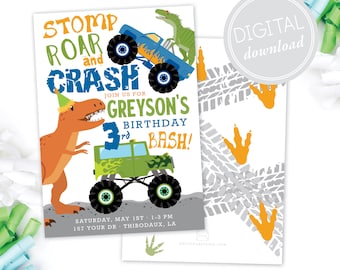May include: A green and blue monster truck with a dinosaur on top. A dinosaur is biting the truck. The text on the invitation reads "Stomp Roar and Crash, Join us for Greyson's 3rd Birthday Bash!"  Saturday, May 1st, 1-3 PM, 157 Your Dr, Thibodaux, LA.