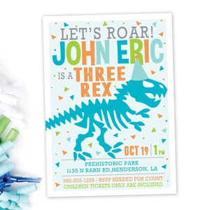 Invitación de tres Rex Dino ( Rex Dino Invite) Fiesta de los dinosaurios ? Invitación de dinosaurios modernos ? Tarjeta impresa o digital ? Cumpleaños de Niño (Boy Birthday) Invitación de cumpleaños