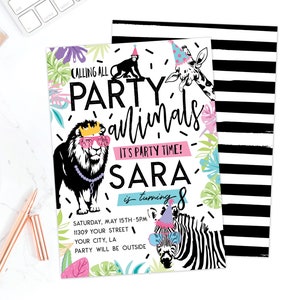 Calling All Party Animals Birthday Invitation · Girl Safari Invite · Black, White & Pastel · Jungle · Into the Wild · Printed or Digital