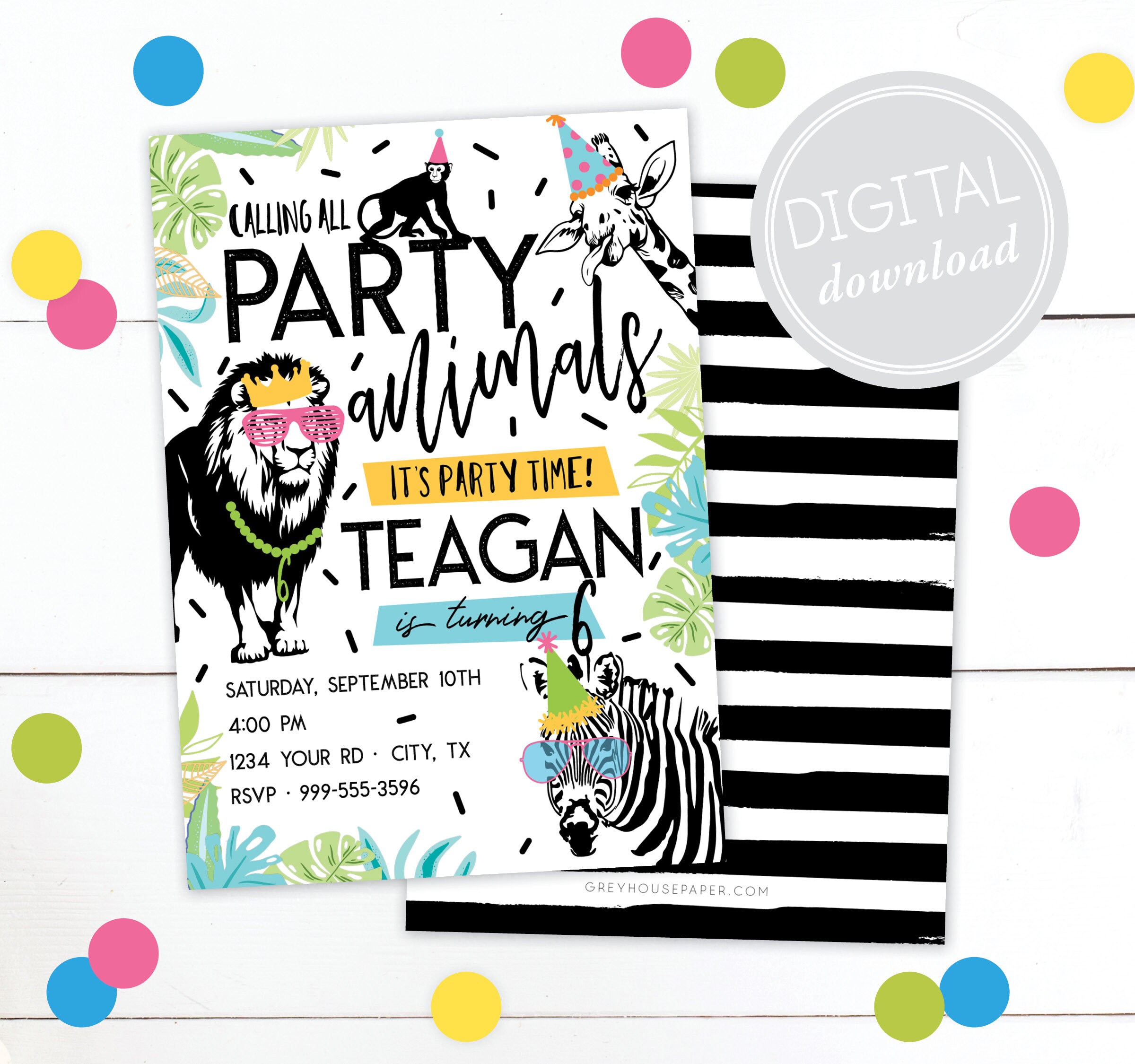 Calling All Party Animals Birthday Invitation · Party Animal Invite · Jungle Safari Zoo Theme · INVITATION ONLY · Digital