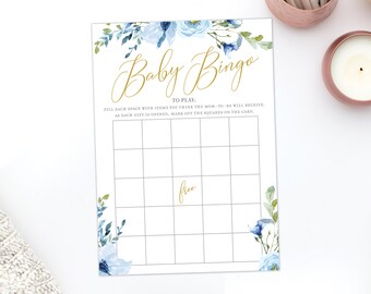 Baby Shower Bingo Card · Boy Baby Shower Game · Digital or Printed · Blue Floral Baby Shower Games · INSTANT DOWNLOAD