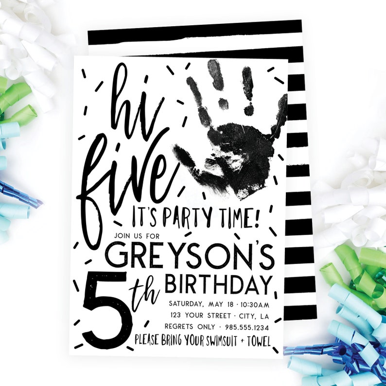 Hi Five 5th Birthday Invitation Modern Boy Party High Five Etsy
