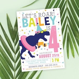 Dino Party Invite · Dinosaur Pool Party · Modern Dinosaur Invitation · Printed Cards or Digital · Girl Birthday · Birthday Invitation