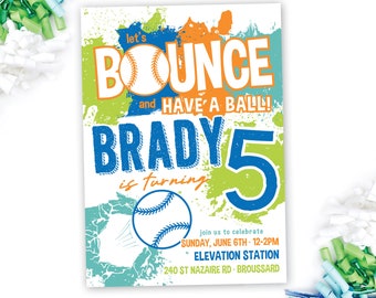 Bounce & Have a Ball Invitation · Bounce Birthday Party Invite · Jump Park Party · Baseball · Printed or Digital · Boy Birthday Invitation