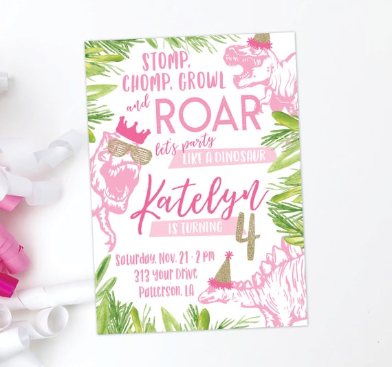 Pink Dino Invite  · Dinosaur Party · Modern Dinosaur Invitation · Printed Card or Digital · Girl Birthday · Pink & Gold Birthday Invitation
