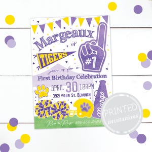 LSU Tigers First Birthday Invitation · Tailgating · Purple and Gold · Tiger Football · Cheerleader · Go Team · PRINTED INVITES