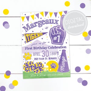 LSU Tigers First Birthday Invitation · Tailgating · Purple and Gold · Tiger Football · Cheerleader · Go Team · DIGITAL