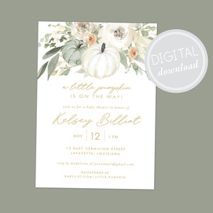 Little Pumpkin is on the Way Floral Baby Shower Invitations · DIGITAL · Sage · Cream · Fall Baby Shower