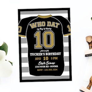 New Orleans Saints Football Birthday Invitation · Football Party · Jersey Invitation · Printed Cards or Digital · Who Dat · Black and Gold