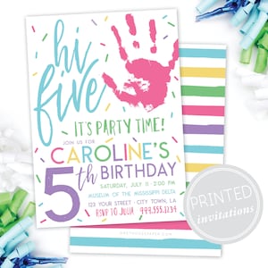 Hi Five 5th Birthday Invitation Modern Party High Five Hand Colorful Birthday Invite PRINTED INVITES Pastel Colors Rainbow image 1