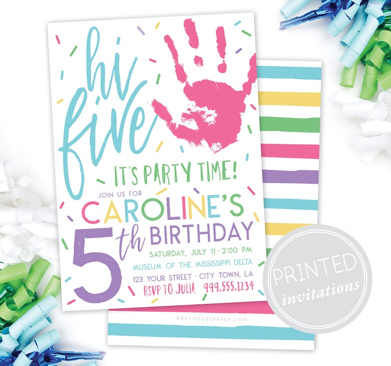 Hi Five 5th Birthday Invitation Modern Party High Five Hand Colorful Birthday Invite PRINTED INVITES Pastel Colors Rainbow image 1