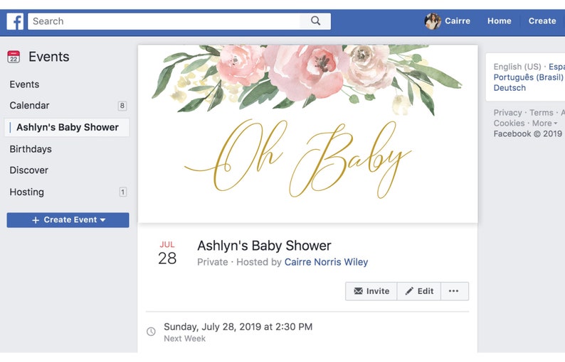 Oh Baby Shower Facebook Event Banner INSTANT DOWNLOAD Pink Etsy