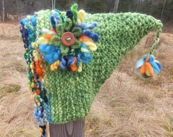 Hand Knitted Pixie Hat, Handdyed Handspun Merino Wool Hat, Elven Hat, Gnome Hat, Teen Hat, Child Hat, Adult Knit Wool Hat, OOAK Hat
